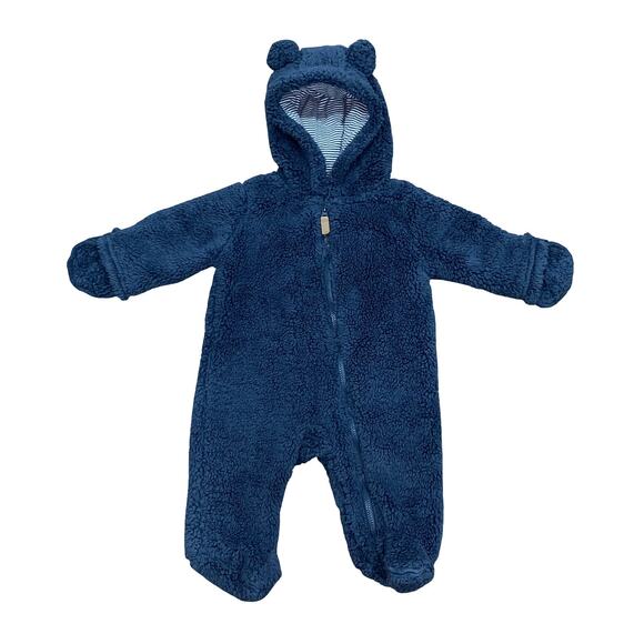 Carter's Navy Blue Teddy Bear Hooded Winter Bodysuit 0-3M - Picture 1 of 7